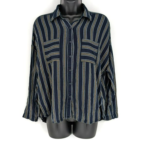 BP Nordstrom Button Front Blouse S Navy Mustard Striped Long Sleeve Patch Pocket - Picture 14 of 14
